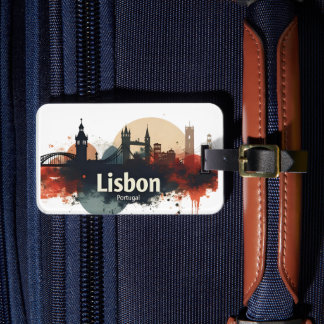 Lisbon Portugal watercolor skyline -Travel Art  Luggage Tag