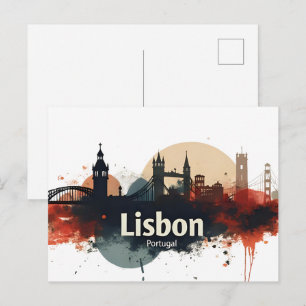 Lisbon Portugal watercolor skyline -Travel Art Postcard