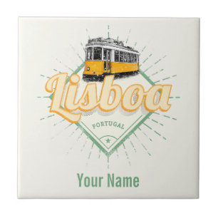Lisbon Portugal with Retro Tram Vintage Holiday Tile