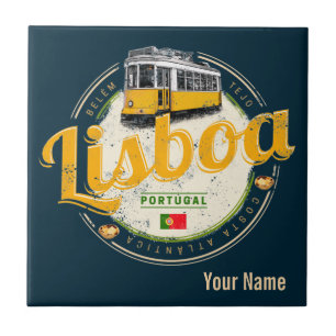 Lisbon Portugal with Retro Tram Vintage Souvenir L Tile