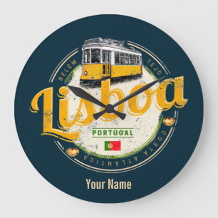 Lisbon Portugal with Retro Tram Vintage Souvenir Large Clock