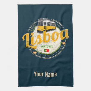 Lisbon Portugal with Retro Tram Vintage Souvenir Tea Towel