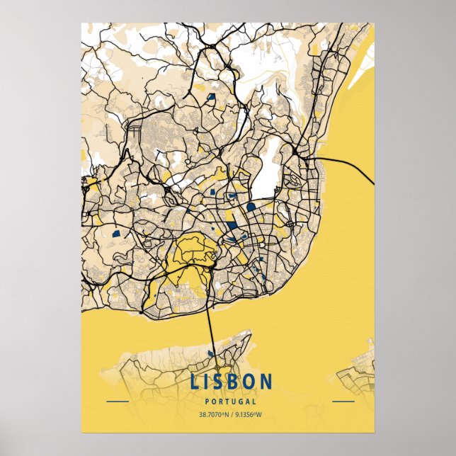 Lisbon - Portugal Yellow City Map Poster (Front)