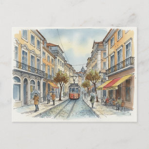 Lisbon  Portugal  Yellow Tram on street Travel Postcard