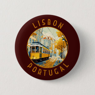 Lisbon Portugal Yellow Tram Retro Distressed 6 Cm Round Badge