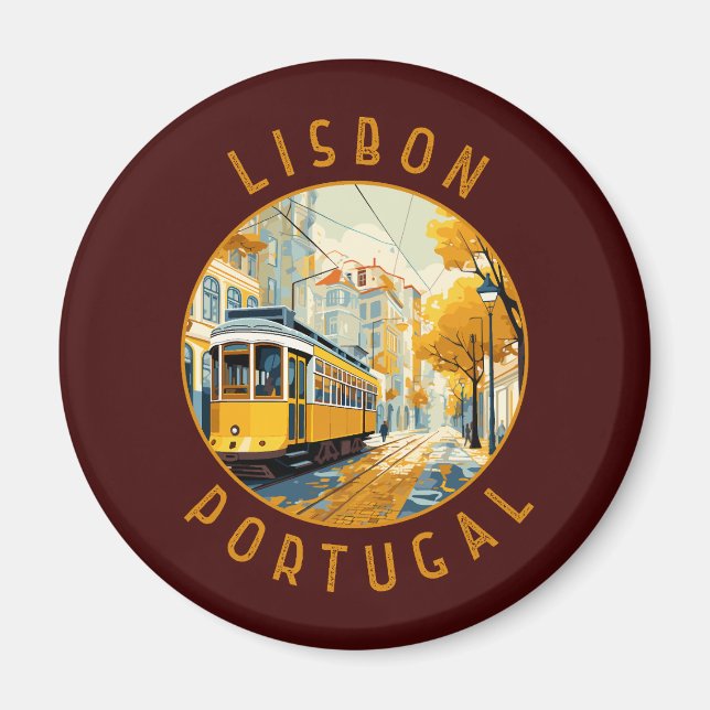 Lisbon Portugal Yellow Tram Retro Distressed Magnet (Front)