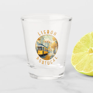 Lisbon Portugal Yellow Tram Retro Distressed Shot Glass