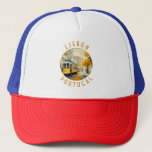 Lisbon Portugal Yellow Tram Retro Distressed Trucker Hat<br><div class="desc">Lisbon retro vector travel design in an emblem style. A thriving port city located at the estuary of the Tagus River,  known for its old pastel-coloured buildings.</div>