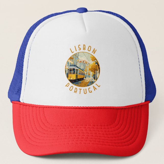 Lisbon Portugal Yellow Tram Retro Distressed Trucker Hat (Front)