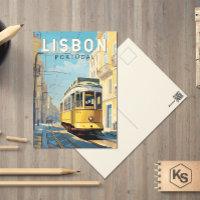 Lisbon Portugal Yellow Tram Travel Art Vintage