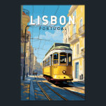 Lisbon Portugal Yellow Tram Travel Art Vintage Poster<br><div class="desc">Lisbon retro vector travel design in an emblem style. A thriving port city located at the estuary of the Tagus River,  known for its old pastel-coloured buildings.</div>