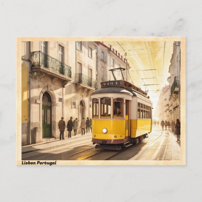 Lisbon Portugal Yellow Tram Vintage Postcard (Front)