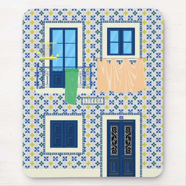 Lisbon Portuguese house with tiles and bird Mouse Mat (Front)
