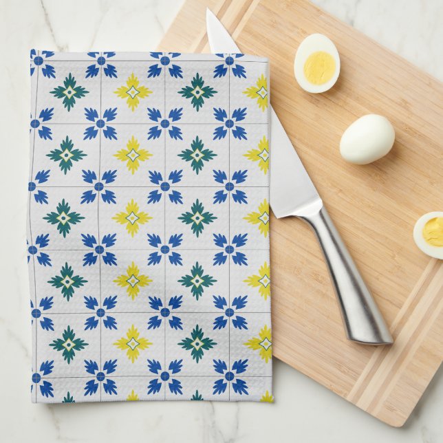 Lisbon pretty tiles or azulejo pattern tea towel (Quarter Fold)
