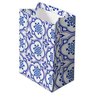 Lisbon Royale Classic Blue and White Geometric Medium Gift Bag