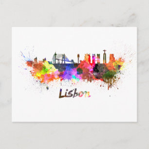 Lisbon skyline in watercolor postcard