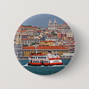 Lisbon skyline with old ferry on Tagus river 6 Cm Round Badge