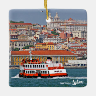 Lisbon skyline with old ferry on Tagus river Ceramic Ornament