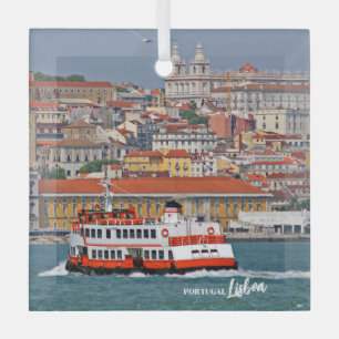 Lisbon skyline with old ferry on Tagus river Glass Tree Decoration