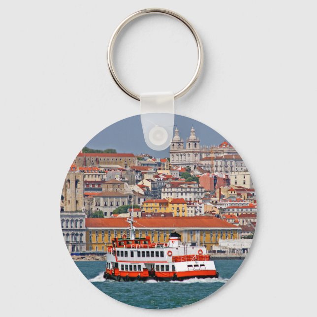 Lisbon skyline with old ferry on Tagus river Key Ring (Front)