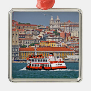 Lisbon skyline with old ferry on Tagus river Metal Tree Decoration