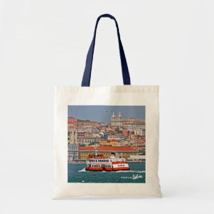 Lisbon skyline with old ferry on Tagus river Tote Bag
