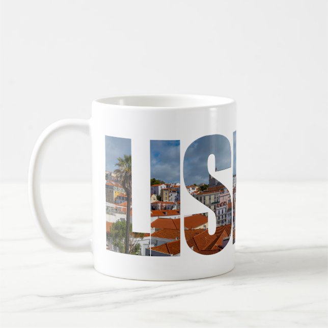 Lisbon text composed of old town panoramic view coffee mug (Left)