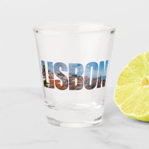 Lisbon text composed of old town panoramic view shot glass