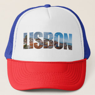 Lisbon text composed of old town panoramic view trucker hat