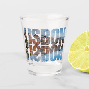 Lisbon text composed old town view with reflection shot glass