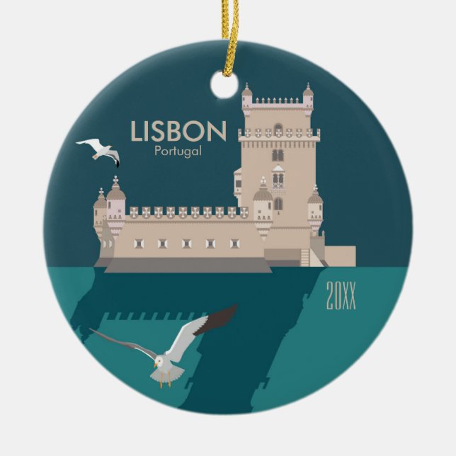 Lisbon Tower of Belem in vintage poster style Ceramic Tree Decoration (Front)