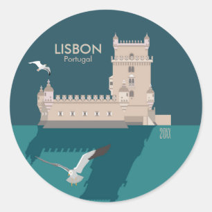 Lisbon Tower of Belem in vintage poster style Classic Round Sticker