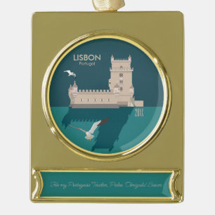 Lisbon Tower of Belem in vintage poster style Gold Plated Banner Ornament