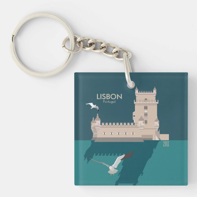 Lisbon Tower of Belem in vintage poster style Key Ring (Front)