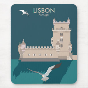 Lisbon Tower of Belem in vintage poster style Mouse Mat