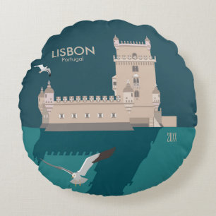 Lisbon Tower of Belem in vintage poster style Round Cushion