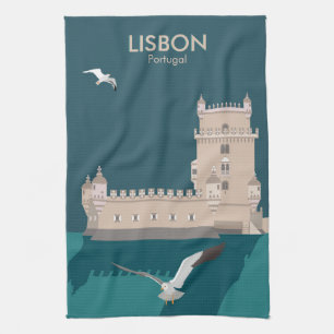 Lisbon Tower of Belem in vintage poster style Tea Towel