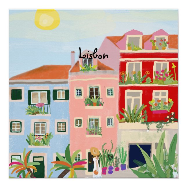Lisbon travel colourful poster (Front)