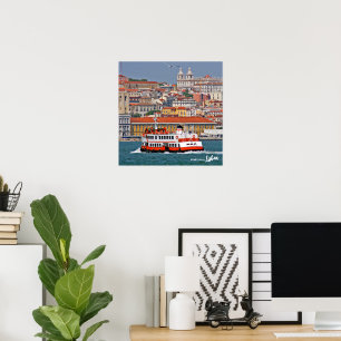 Lisbon view with old ferry on Tagus river Poster