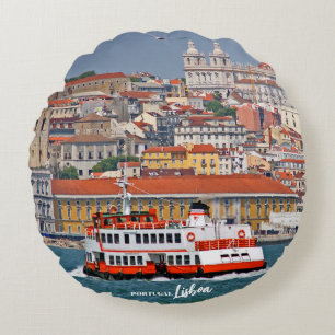 Lisbon view with old ferry on Tagus river Round Cushion