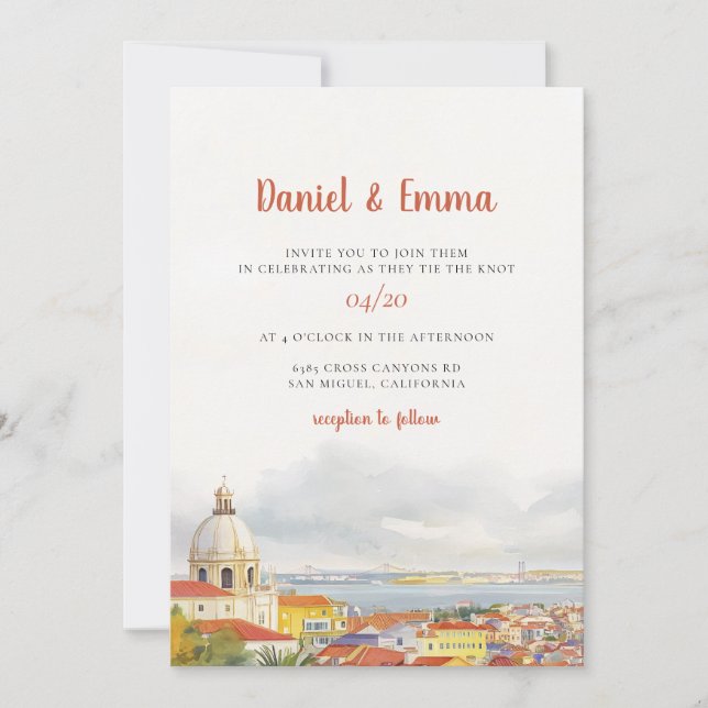 Lisbon Watercolor Destination Wedding Invitation (Front)