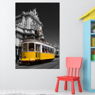 Lisbon Yellow Tram. Augusta Street Arch B/W Photo Print