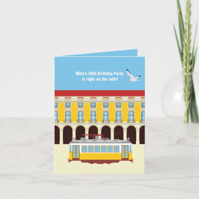Lisbon yellow tram vintage birthday party invitation (Front)