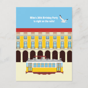 Lisbon yellow tram vintage birthday party  invitation postcard