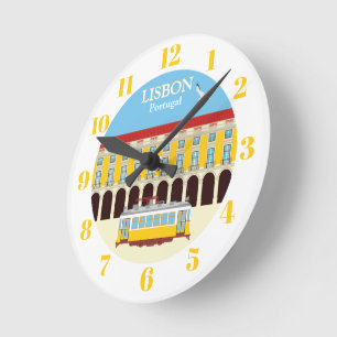 Lisbon yellow tram vintage round clock