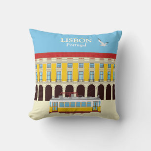 Lisbon yellow tram vintage style cushion