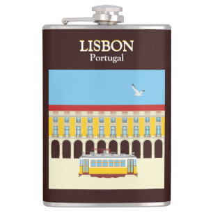 Lisbon yellow tram vintage style hip flask