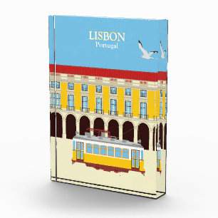 Lisbon yellow tram vintage style photo block