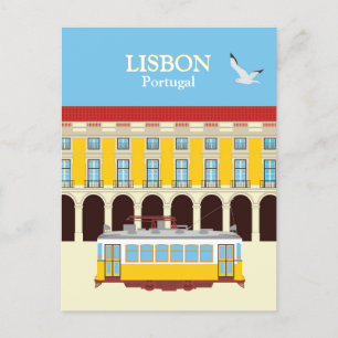 Lisbon yellow tram vintage style postcard