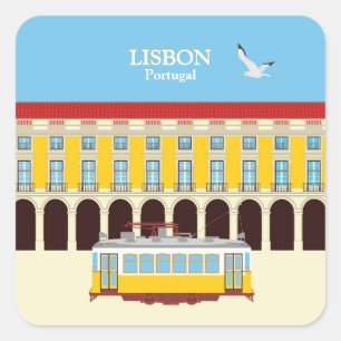 Lisbon yellow tram vintage style square sticker